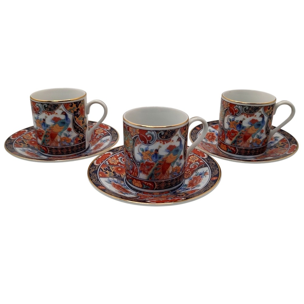 Vintage‎ Japanese Imari Arita Demitasse Cups Saucers Peacock Handmade Six Pieces